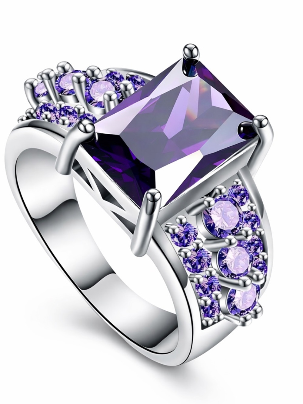 .925 Sterling Silver Purple Square CZ Cocktail Ring